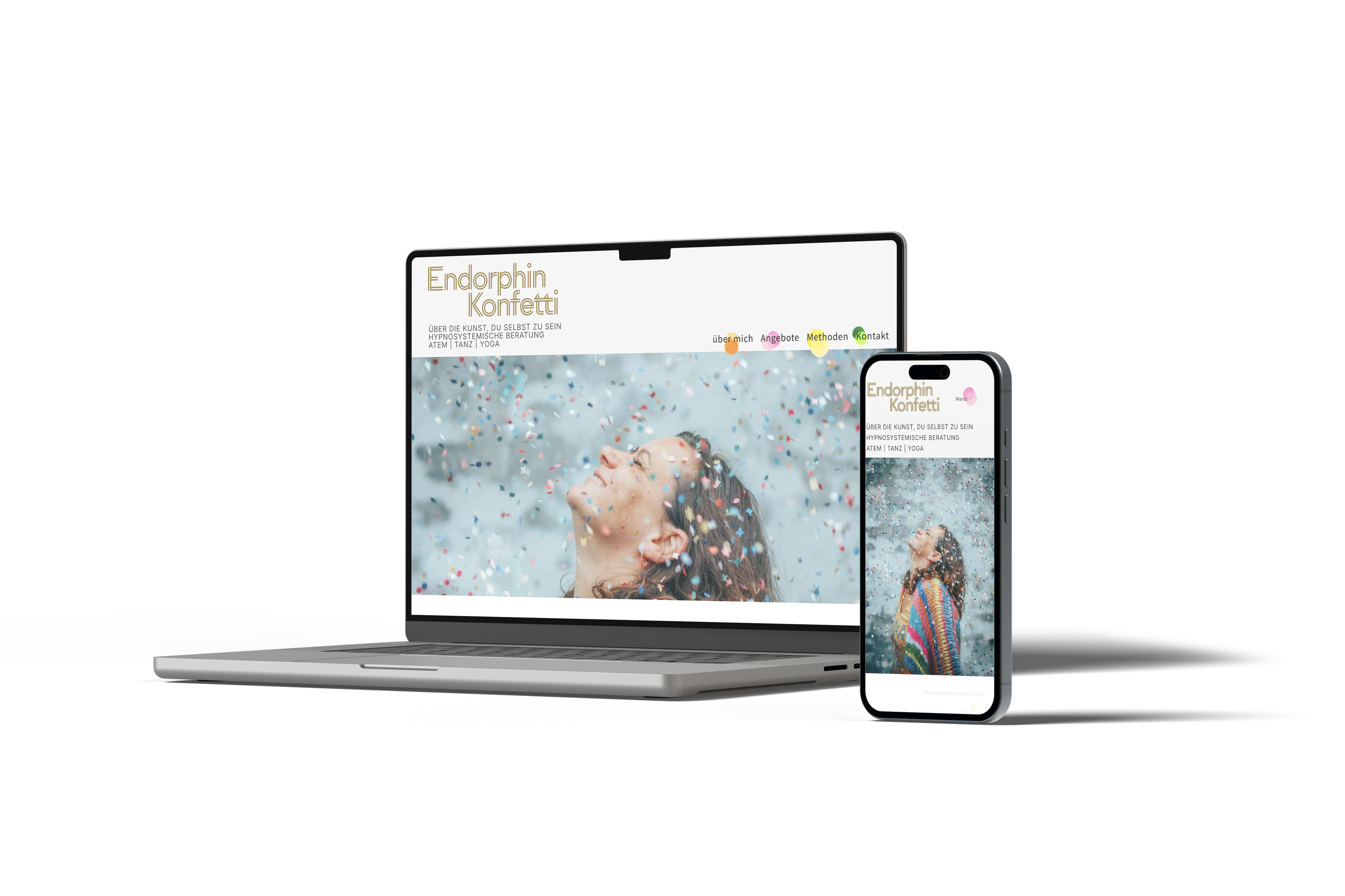 Die Website von Endorphin Konfetti auf MacBook und iPhone.