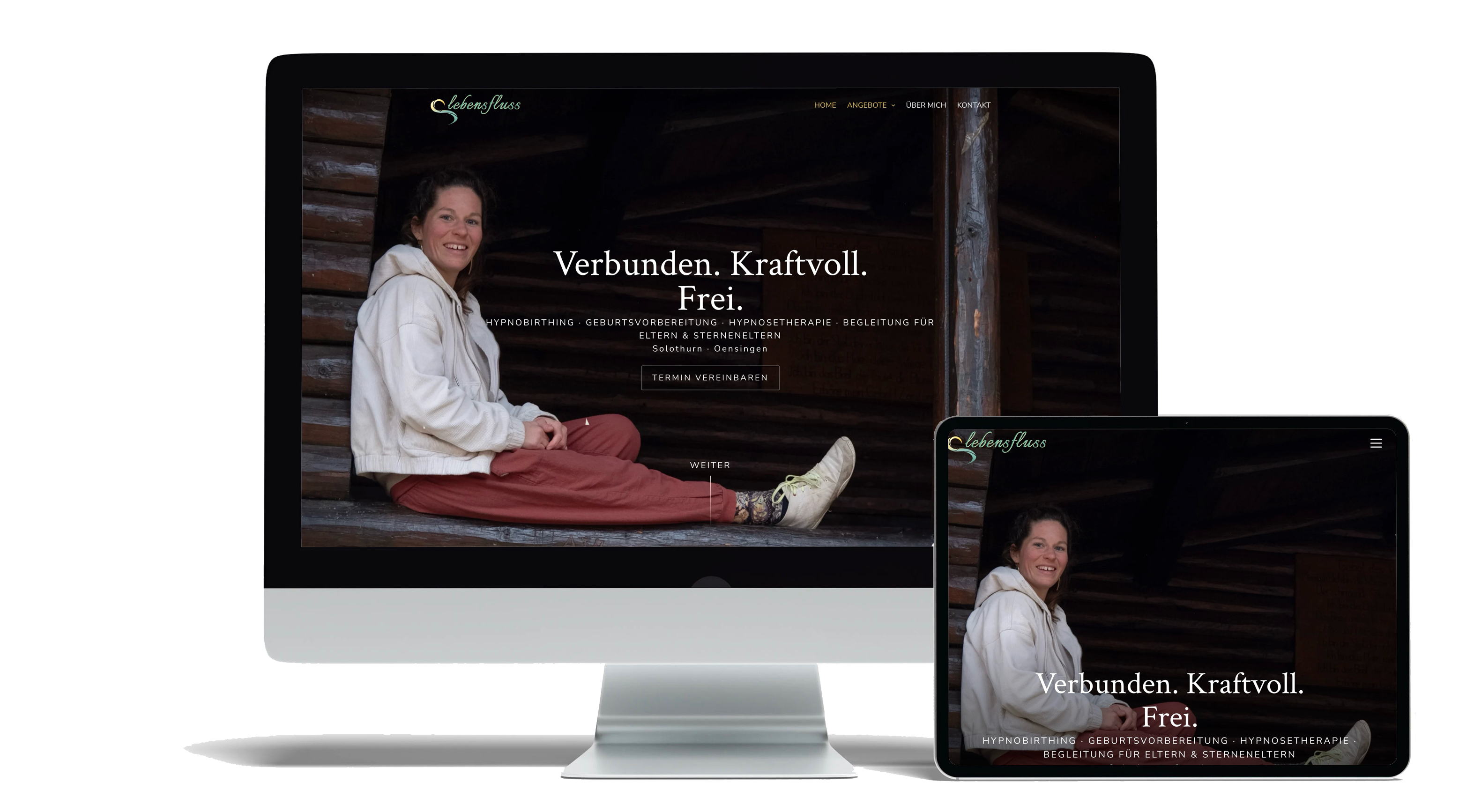 Sabines Lebensfluss-Website auf einem iMac und iPad.