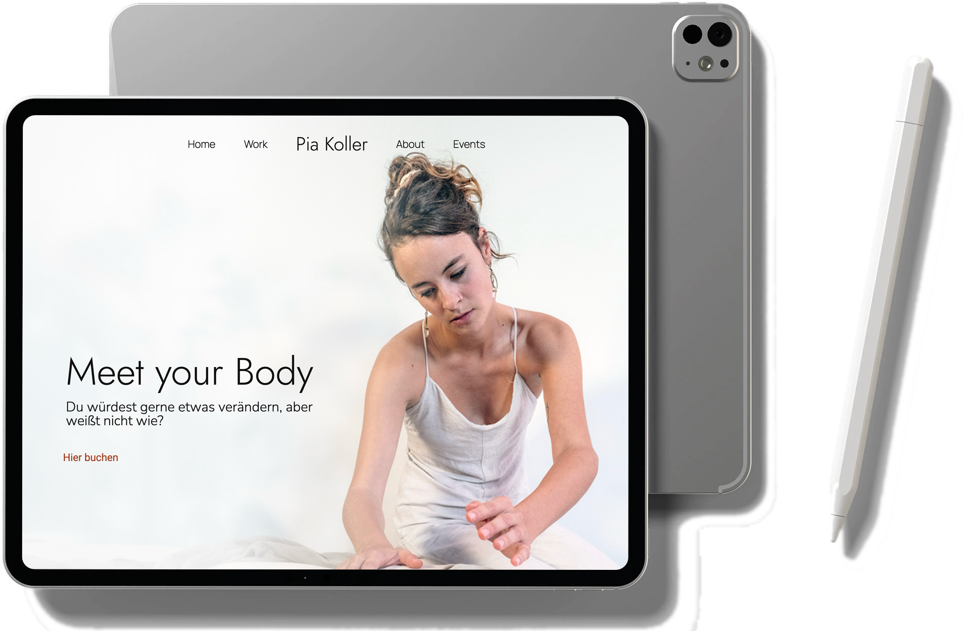 Pia Kollers Website auf einem iPad mit Apple Pencil.